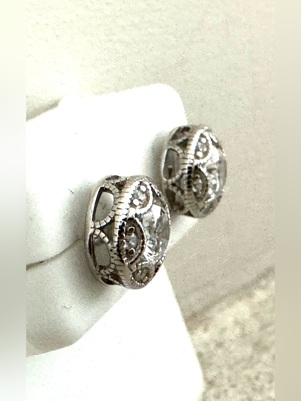 Sterling Silver 925 CZ Milgrain Halo Stud Earrings Vintage Style - Picture 4 of 7